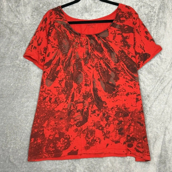 Relativity 2X Shirt Top Burnt Orange Feathers Short Sleeve Scoop Neck Stretch - Picture 1 of 7